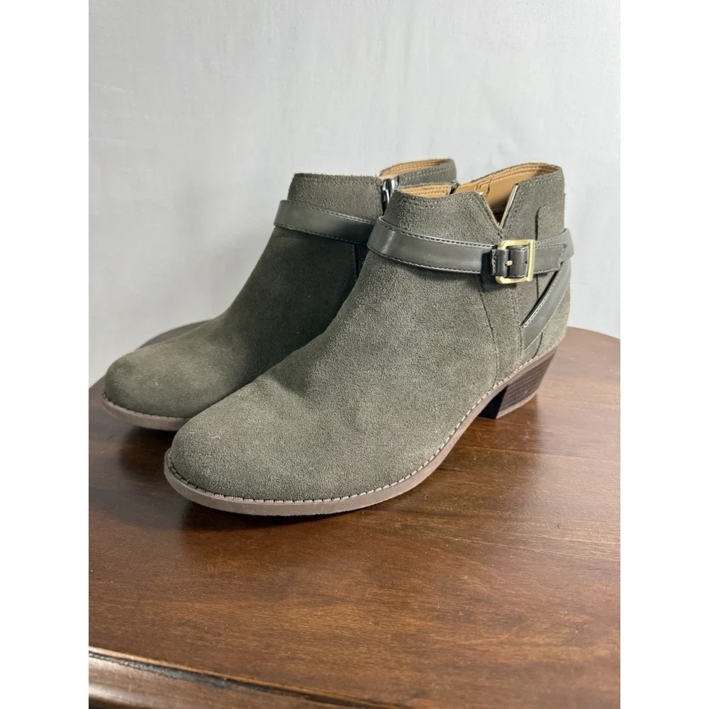 Vionic Women's Farrah Leather Ankle Boots Dark Khaki Suede W7.5 - Picture 1 of 8